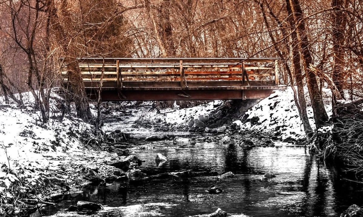 A low steel bridge with wooden rails crossing a dark creek in winter, the trees gone copper and the snow and water drained almost to black and white.