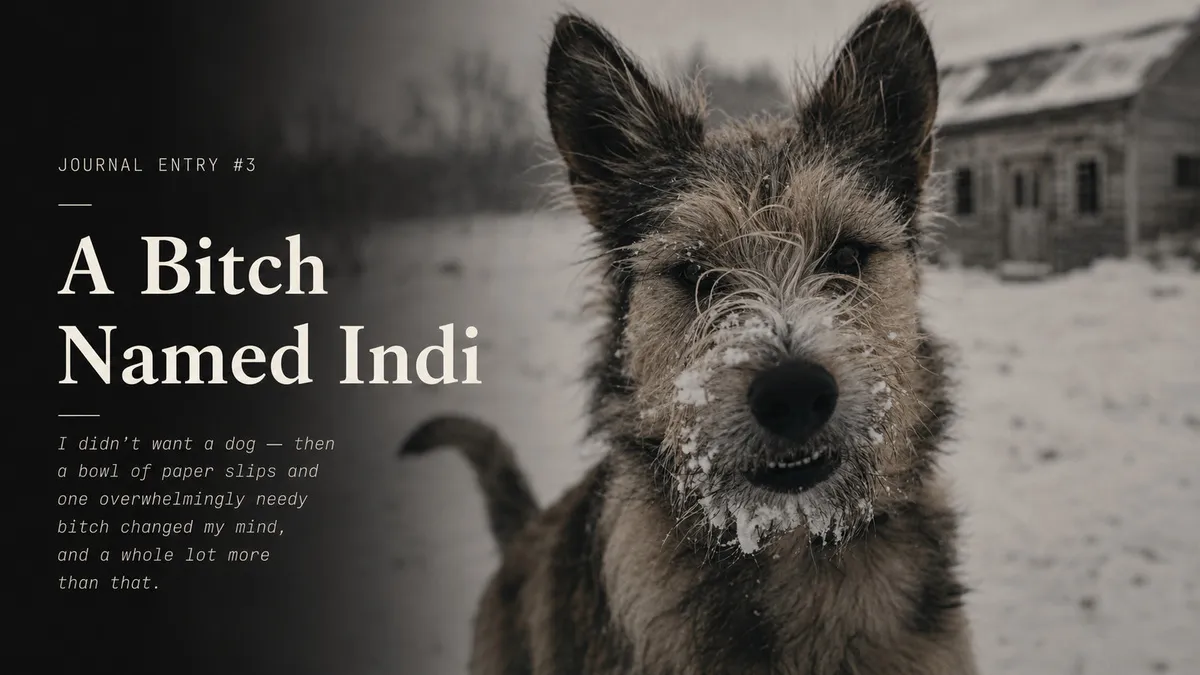 Indi, a scruffy young dog with wiry tan-and-gray fur, looks into the camera with snow clumped on her muzzle, in a sepia-toned winter scene with a weathered barn behind her. The left of the frame is darkened, where 'JOURNAL ENTRY #3', the title 'A Bitch Named Indi' and the entry's opening line are set in cream type.