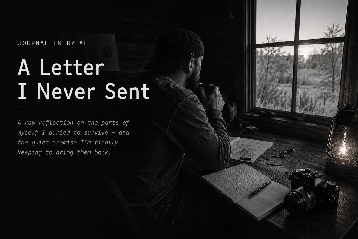 A black-and-white image of the author seen from behind, sitting at a wooden desk beside a cabin window at first light. On the desk are an open handwritten journal and pen, a pencil sketch, dog tags, a film camera and a lit oil lantern; a child's drawing is pinned to the wall behind him. The entry's title is set in white type across the dark left side of the image.