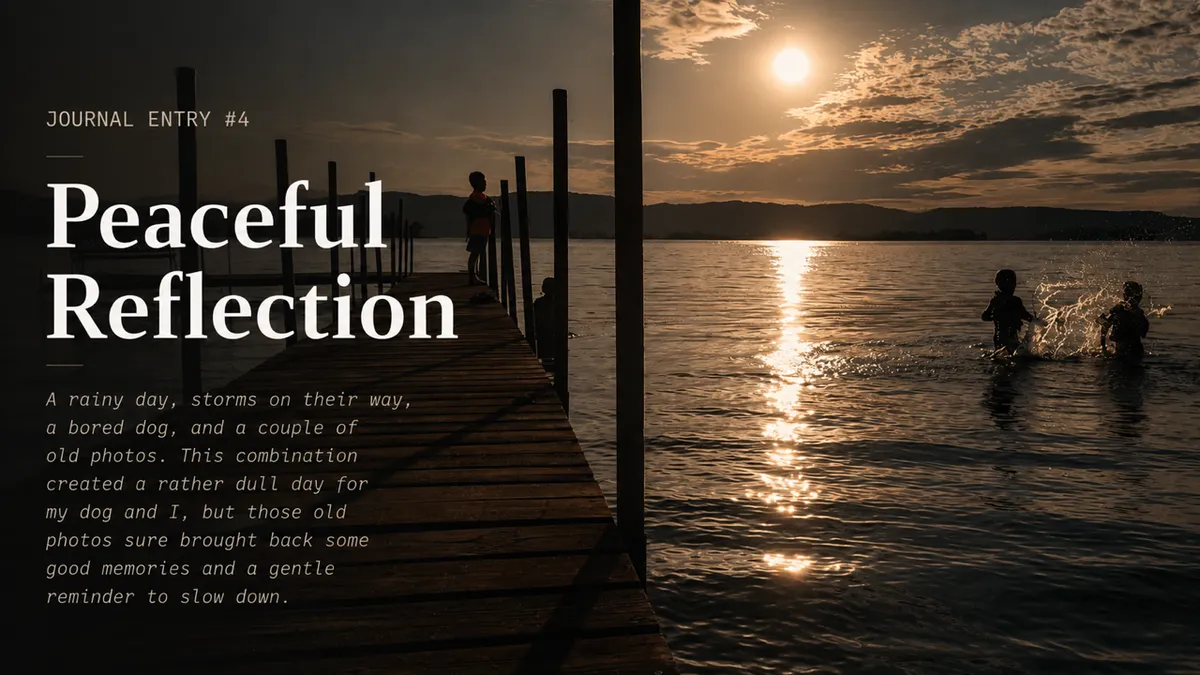 A long dock reaches out across a lake at sunset, the sun low behind scattered clouds and glinting off the still water. A child stands partway down the dock in silhouette, another crouched near the water at its far end. Two more kids splash in the lake beyond the dock, backlit against the sun's reflection. Low hills line the far shore, and an empty bench sits on a side platform near the dock's near end. The left of the frame is darkened, where 'JOURNAL ENTRY #4', the title 'Peaceful Reflection' and the entry's opening lines are set in white type.