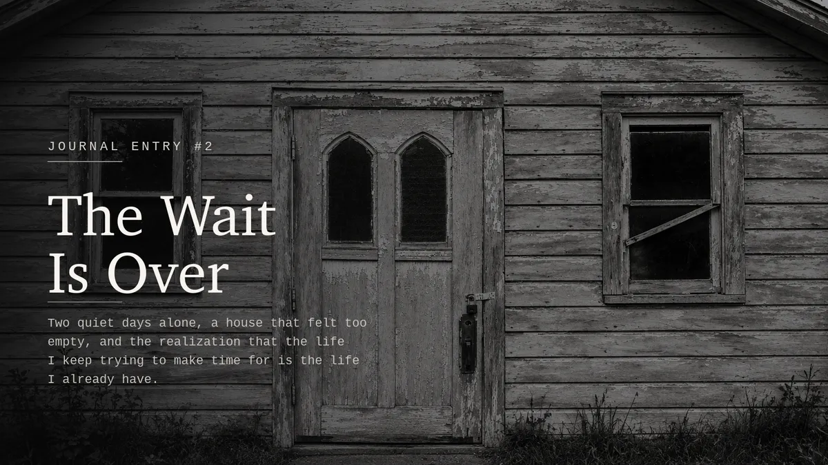 A black-and-white photograph of a weathered clapboard farmhouse wall, its paint peeled back to bare wood. A narrow double door with two pointed-arch windows stands closed at the centre, a heavy iron latch beside it; a sash window sits to the left and another to the right with one pane propped open on a broken stay. Long grass grows against the foundation. The image is darkened toward the left, where the entry's title and opening sentence are set in white type.